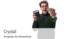  Presentation with calculator - Beautiful PPT theme featuring mortgage fraud - nerd young man with calculator backdrop and a white colored foreground