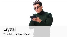  Presentation with special education young adult man - Slide set with mortgage fraud - nerd young man with calculator background and a white colored foreground