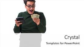  Presentation with calculator - Presentation design enhanced with mortgage fraud - nerd young man with calculator background and a  colored foreground