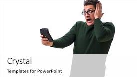  Presentation with retirement calculator - Audience pleasing slide deck consisting of mortgage fraud - nerd young man with calculator backdrop and a white colored foreground