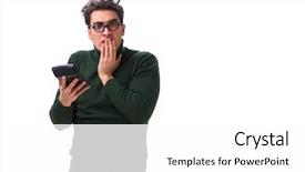  Presentation with retirement calculator - Slide deck enhanced with mortgage fraud - nerd young man with calculator background and a white colored foreground