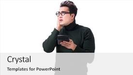  Presentation with calculator - Amazing presentation theme having mortgage fraud - nerd young man with calculator backdrop and a white colored foreground