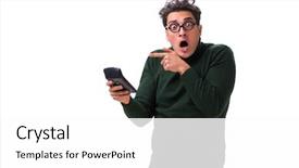  Presentation with calculator - Slide deck with mortgage fraud - nerd young man with calculator background and a white colored foreground