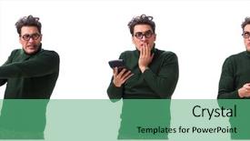  Presentation with calculator - Colorful presentation theme enhanced with mortgage fraud - nerd young man with calculator backdrop and a seafoam green colored foreground