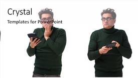  Presentation with retirement calculator - Presentation theme consisting of mortgage fraud - nerd young man with calculator background and a white colored foreground