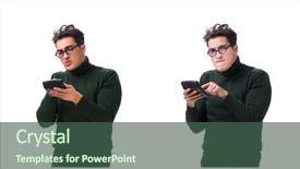  Presentation with calculator - Presentation design with mortgage fraud - nerd young man with calculator background and a ocean colored foreground