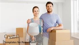  Presentation with mortgage - Presentation theme featuring mortgage people and real estate concept - happy couple with boxes and lamp moving to new home background and a coral colored foreground