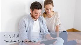  Presentation with mortgage - Audience pleasing theme consisting of mortgage people and real estate concept - happy couple with tablet pc computer at empty room of new home backdrop and a light blue colored foreground