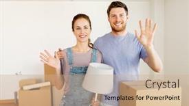  Presentation with mortgage - Cool new theme with mortgage people and real estate concept - happy couple with boxes and lamp moving to new home backdrop and a coral colored foreground