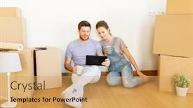  Presentation with mortgage - Presentation theme enhanced with mortgage people and real estate concept - happy couple with boxes and tablet pc computer moving to new home background and a yellow colored foreground
