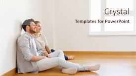  Presentation with mortgage - Beautiful theme featuring mortgage people and real estate concept - happy couple sitting on floor at empty room of new home backdrop and a lemonade colored foreground