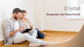  Presentation with mortgage - Cool new presentation theme with mortgage people and real estate concept - happy couple with tablet pc computer at empty room of new home backdrop and a lemonade colored foreground