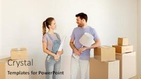  Presentation with mortgage - Presentation design enhanced with mortgage people and real estate concept - happy couple with boxes and lamp moving to new home background and a soft green colored foreground