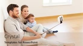  Presentation with mortgage - Beautiful presentation featuring mortgage people housing and real estate concept - happy family with child taking picture by smartphone selfie stick at new home backdrop and a coral colored foreground