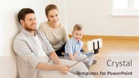  Presentation with mortgage - Audience pleasing PPT layouts consisting of mortgage people housing and real estate concept - happy family with child taking picture by smartphone selfie stick at new home backdrop and a soft green colored foreground