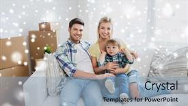  Presentation with moving snow - Presentation enhanced with mortgage people housing moving and real estate concept - happy family with little son at home over snow background and a light blue colored foreground