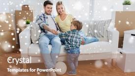 Presentation with moving snow - Slides with mortgage people housing moving and real estate concept - happy family with boxes and ball at new home over snow background and a coral colored foreground