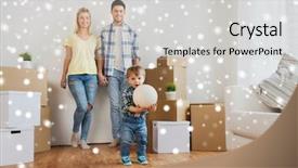  Presentation with moving snow - Colorful slide set enhanced with mortgage people housing moving and real estate concept - happy family with boxes playing ball at new home over snow backdrop and a light gray colored foreground