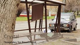  Presentation with bus stop - Audience pleasing PPT theme consisting of moscow-april-28-car-crashed backdrop and a coral colored foreground