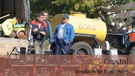  Presentation with review - Theme consisting of moscow-august-30-three-workers background and a violet colored foreground