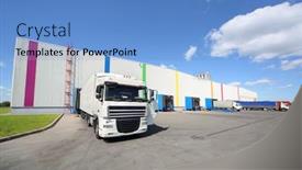  Presentation with trucks - PPT theme featuring moscow-june-5-trucks-stand background and a teal colored foreground