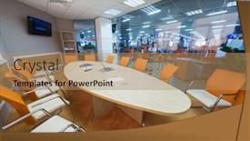  Presentation with round table - Amazing presentation design having moscow-mar-5-conference-room backdrop and a coral colored foreground