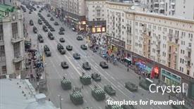  Presentation with military equipment - Colorful presentation design enhanced with moscow-may-3-land-based backdrop and a gray colored foreground