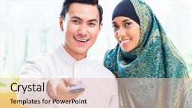  Presentation with television watching - PPT layouts with moslem - asian muslim man and woman background and a lemonade colored foreground