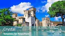  Presentation with medieval iron doors stone castle - Theme with most-beautiful-medieval-castles background and a teal colored foreground