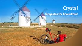  Presentation with pilgrim - Theme featuring mota del cuervo windmills pilgrim background and a teal colored foreground
