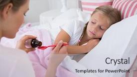  Presentation with daughter mother - Colorful slide set enhanced with mother about to give medicine to sick daughter at home in the bedroom backdrop and a sky blue colored foreground