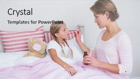  Presentation with give - Slide set consisting of mother about to give medicine to sick daughter at home in the bedroom background and a light gray colored foreground