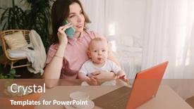  Presentation with home office - Amazing PPT theme having mother-and-baby-in-home backdrop and a coral colored foreground