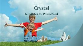  Presentation with mother baby - PPT theme consisting of mother and baby sit on grass and open wide hand under sky with clouds background and a sky blue colored foreground