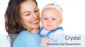  Presentation with maternity - Audience pleasing theme consisting of mother and baby smiling together love happy cheerful family mom and baby girl kissing and hugging beautiful healthy mother and little daughter maternity concept parenthood isolated on white backdrop and a light blue colored foreground