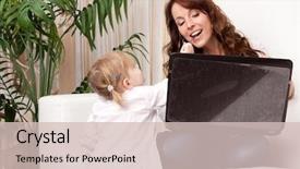  Presentation with mother feeding baby breast milk - Presentation theme enhanced with mother and baby with laptop background and a  colored foreground