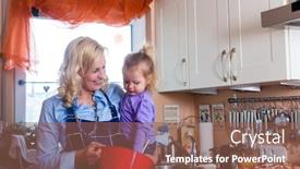 Presentation with baking - Amazing PPT theme having mother and child baking pizza in their kitchen the daughter is a baby child backdrop and a violet colored foreground