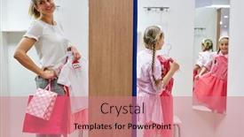  Presentation with clothes shop - Slides with mother and child in fitting clothes in dressing room in fashion shop background and a coral colored foreground