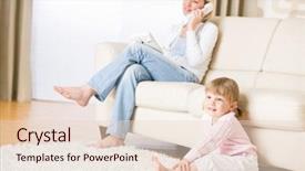  Presentation with television - Theme featuring mother and child in living room watch television mother on phone in background on sofa background and a lemonade colored foreground