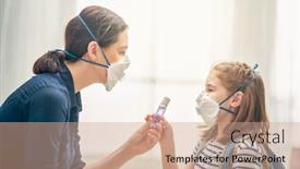  Presentation with child protection - Audience pleasing presentation design consisting of mother-and-child-wearing-facemasks backdrop and a coral colored foreground