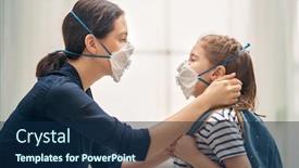  Presentation with child protection - Theme with mother-and-child-wearing-facemasks background and a navy blue colored foreground