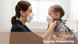  Presentation with child protection - Presentation design consisting of mother-and-child-wearing-facemasks background and a coral colored foreground