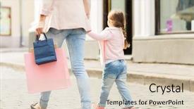  Presentation with city people walking - Amazing presentation theme having sale consumerism and people concept - close up of mother and child with shopping bags walking along city street backdrop and a lemonade colored foreground