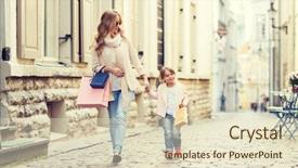  Presentation with city people walking - Audience pleasing slide deck consisting of shopping bags walking along city backdrop and a soft green colored foreground