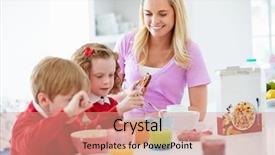  Presentation with breakfast children - Beautiful presentation theme featuring mother and children having breakfast backdrop and a coral colored foreground