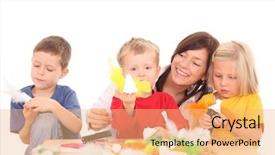  Presentation with paper making - Audience pleasing PPT theme consisting of mother and children making angels from paper and feather backdrop and a coral colored foreground