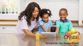  Presentation with kitchen - Slide set enhanced with mother and children using tablet background and a  colored foreground