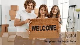  Presentation with welcome - Theme having mother-and-couple-smiling-confident background and a coral colored foreground