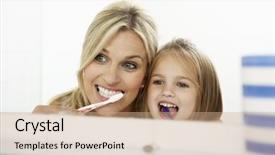 Presentation with human archaeological teeth - Audience pleasing presentation design consisting of mother and daughter brushing teeth backdrop and a coral colored foreground