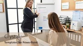  Presentation with office workers - Theme having mother-and-daughter-business-workers background and a coral colored foreground